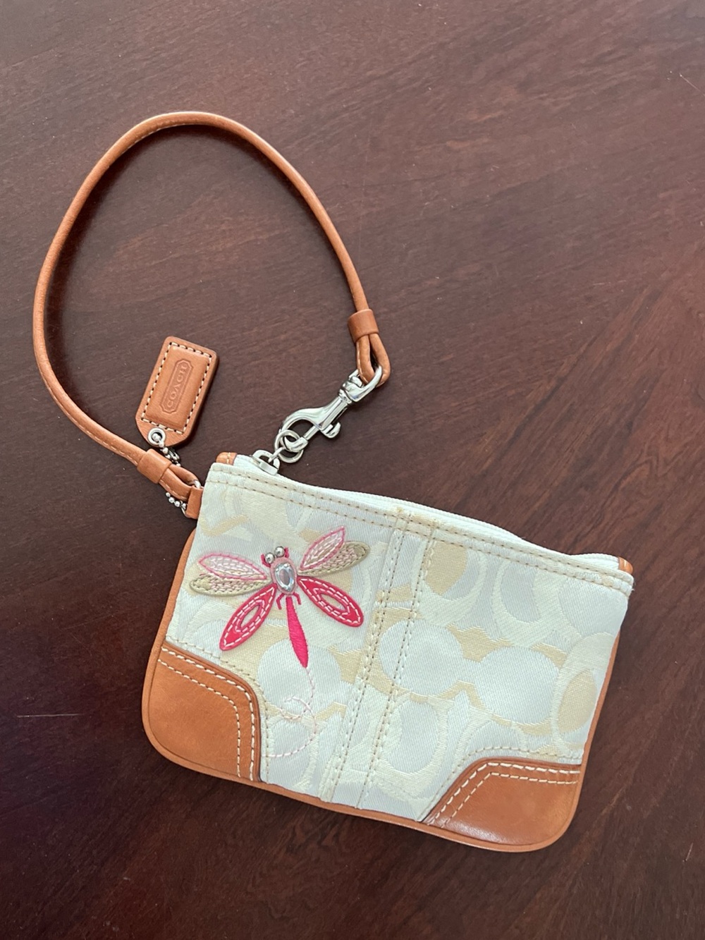 RARE Coach Y2K Dragonfly Cream Signature Canvas Wristlet with Tan Trim and Pink!